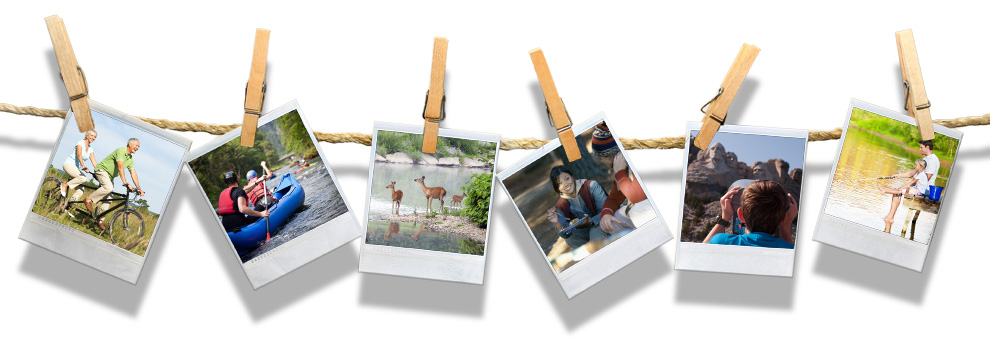Camping photos on a clothesline.